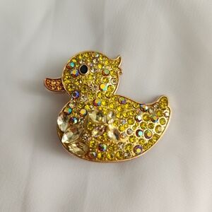 Sparkling Yellow Duck Duckling Brooch Pin Rhinestone Iridescent Aurora Borealis